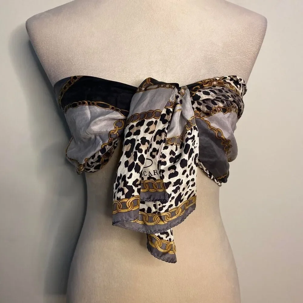 y2k Oscar de la Renta silk leopard print scarf with gold chain print